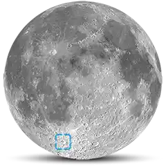 Image of the moon with a small blue marker noting the location of the crater Tycho.